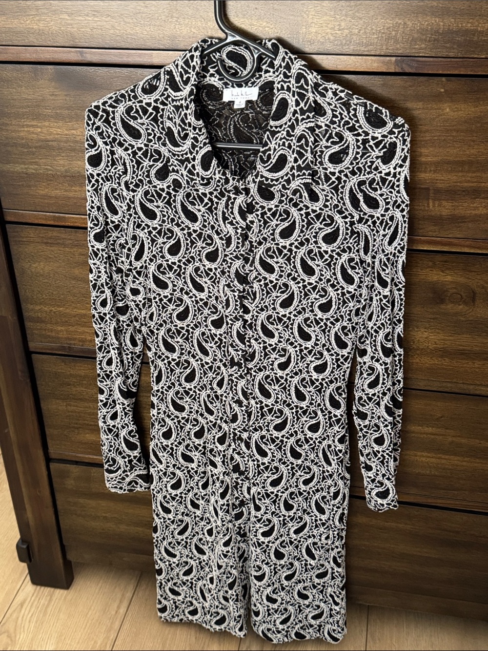 Nicole Miller Black and White Paisley Long-Sleeve Button-Front Dress